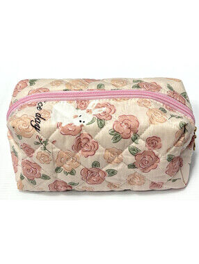 Cute Quilted Floral Makeup Bag Cosmetic Pouch Pink Rose Travel Organizer Bunny